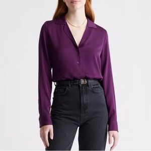 Quince Washable Stretch Silk Notch Collar Blouse - purple